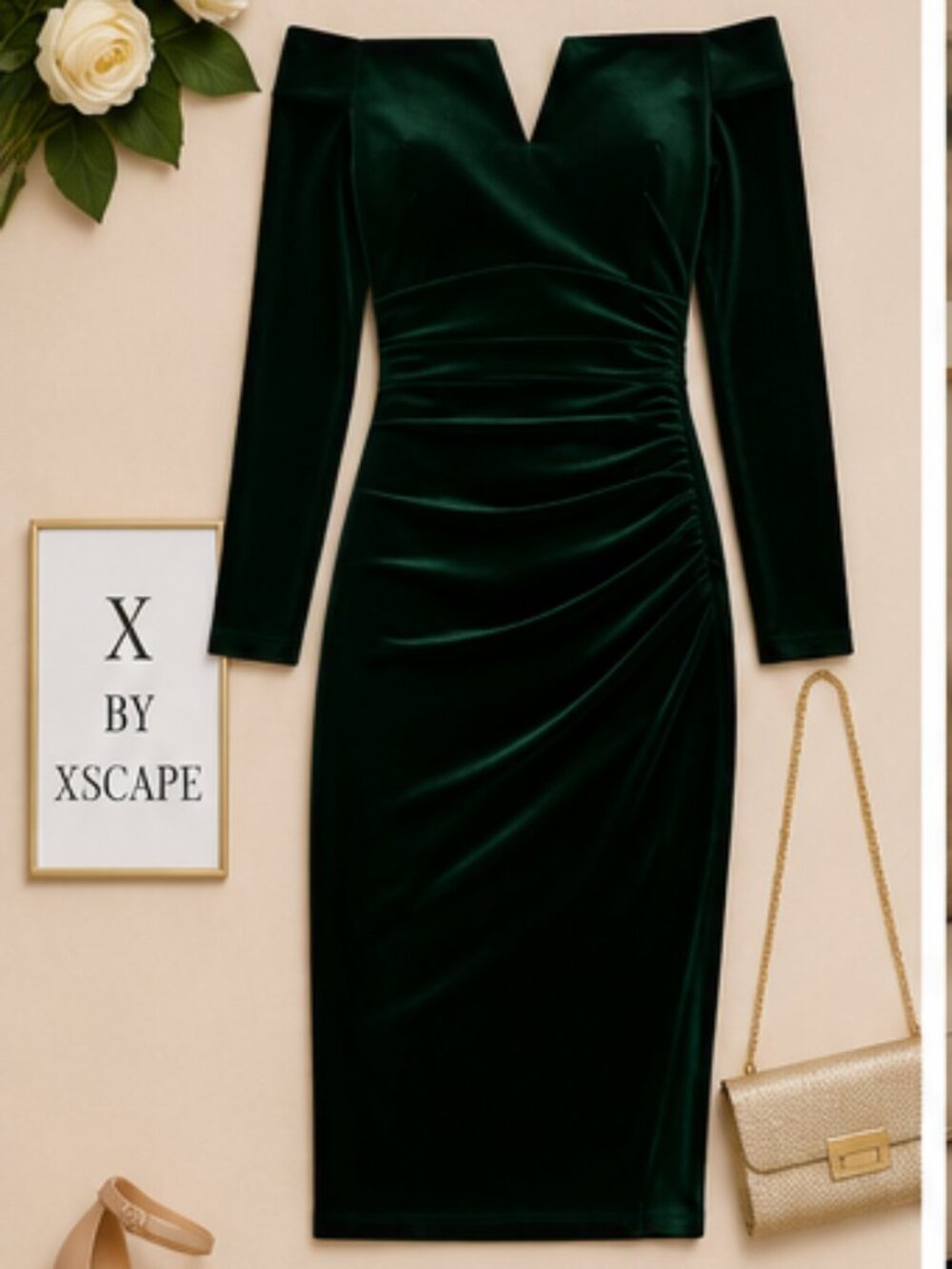 Xscape Hunter Green Velvet Off Shoulder Sheath Dress NWT Size 10 Elegant - Picture 1 of 6